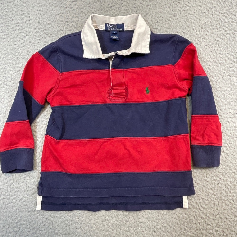 Polo Ralph Lauren Rugby Shirt Kids Size 4 Navy Blue Red‎ Excellent Striped Pony